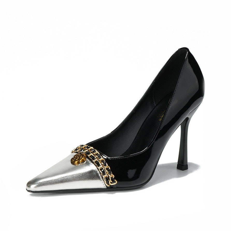 FZ Women's Metal Chain Stiletto Heals Pointed Toe Shoes