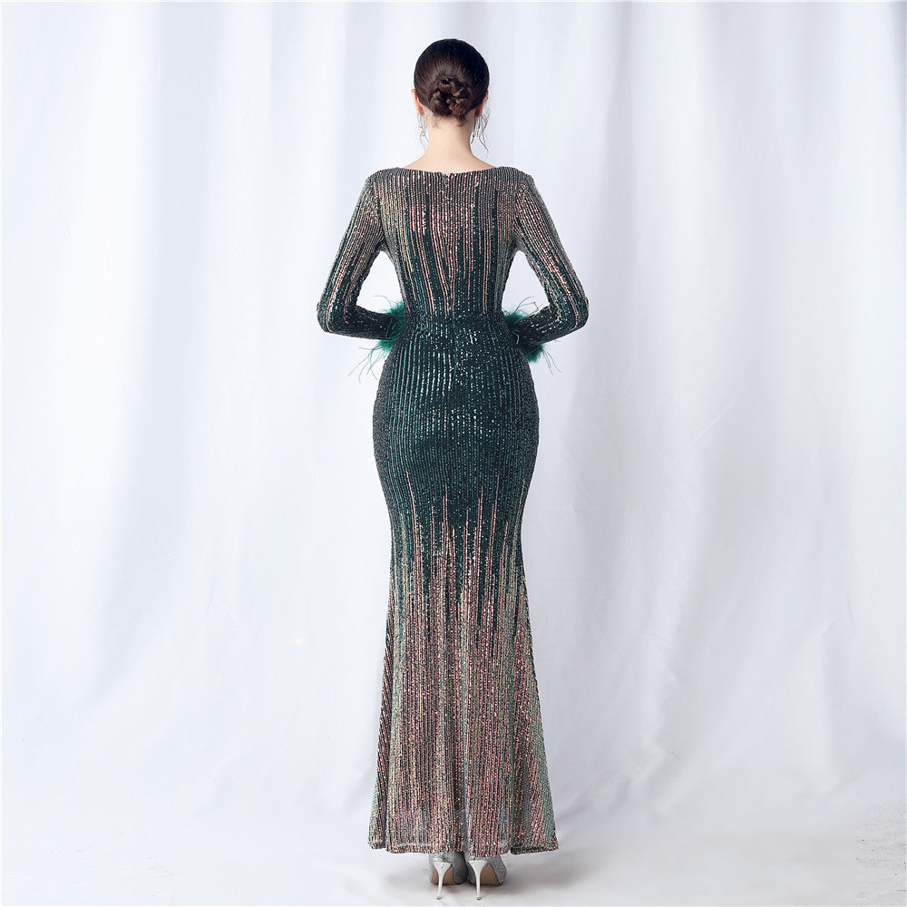 FZ Women's Ostrich Feather Gradient Sequin Long Sleeve Evening Dress - FZwear