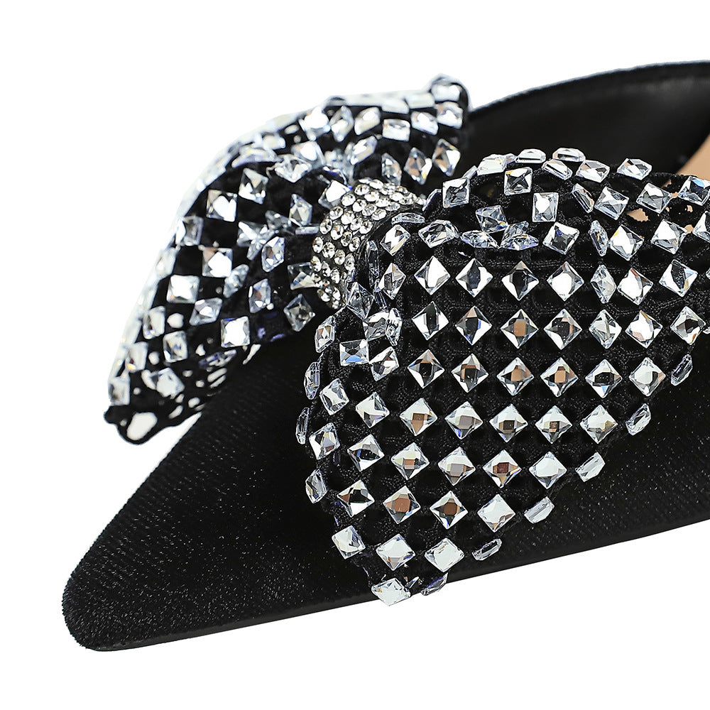 FZ Women's Rhinestone Bow Pointed Slip on Side Hollow Out Pumps