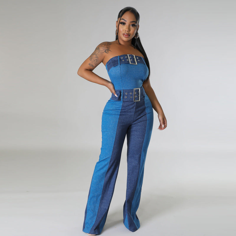 FZ Women's Patchwork Lace Up Waist Controlled Imitation Denim Jumpsuit - FZwear