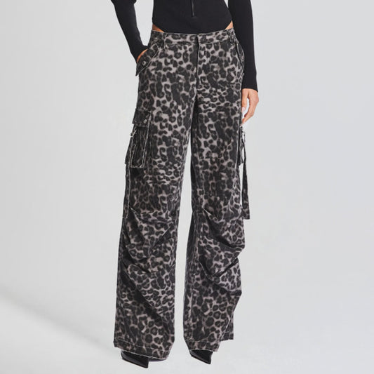 FZ Women's Vintage Leopard Print Design Cargo Denim Pants