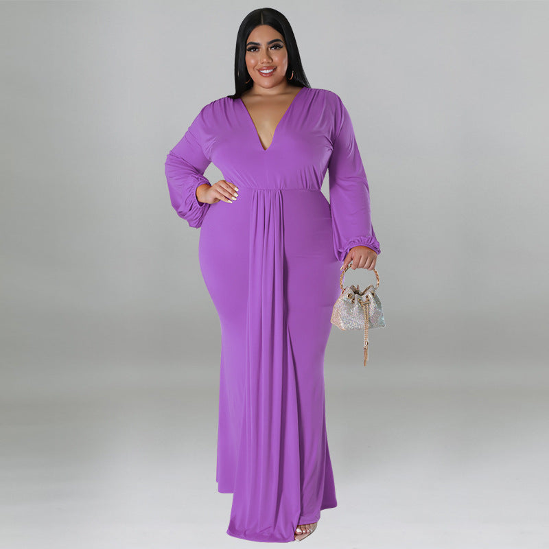 FZ Plus Size Women's Sexy Deep V Long Sleeve Pleated Dress