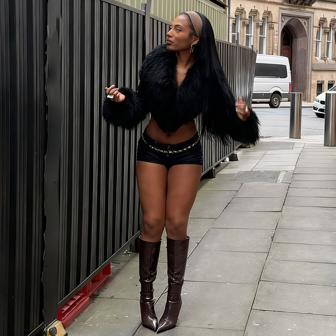 FZ Women's Tassel Fur Collar Stitching  V neck Cropped Leather Jacket