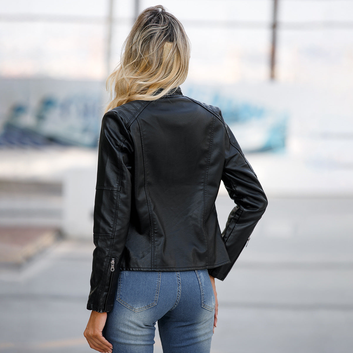 FZ Women's Slim Thin Motorcycle Stand Collar Leather Jacket