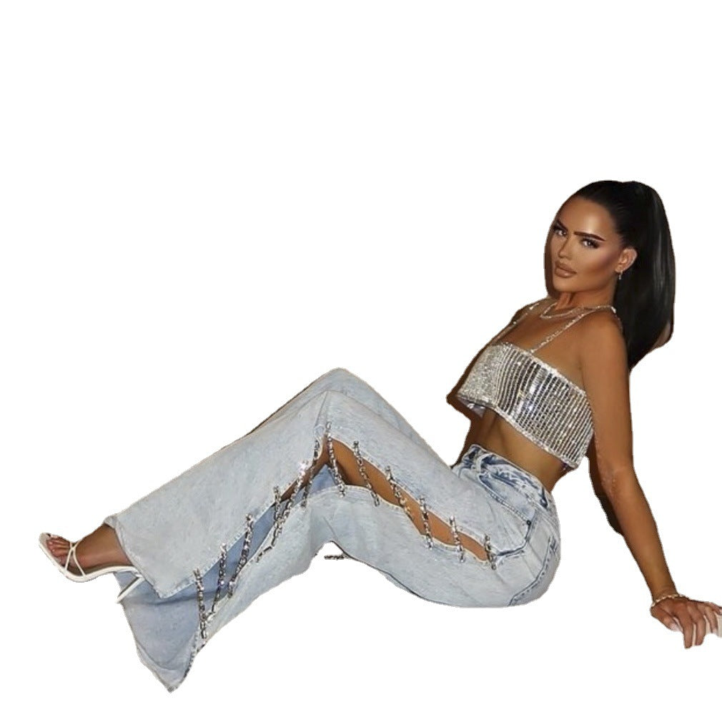 FZ Women's High Waist Diamond Stitching Side Hollow Out Cutout out Wide Leg Denim Pants - FZwear