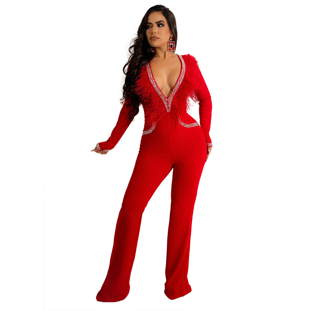 FZ Women's Sexy Deep V Plunge Feather Collar Wide Leg Jumpsuit - FZwear