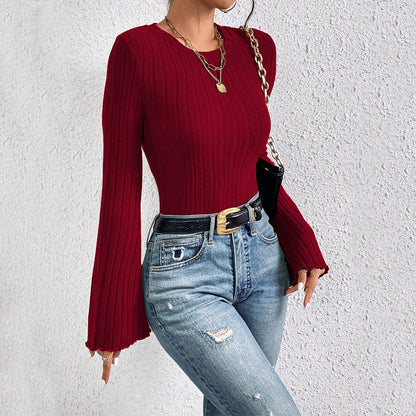 Round Neck Flared Sleeves Wine Red T shirt Autumn Winter Office All Matching Top Yiskiss