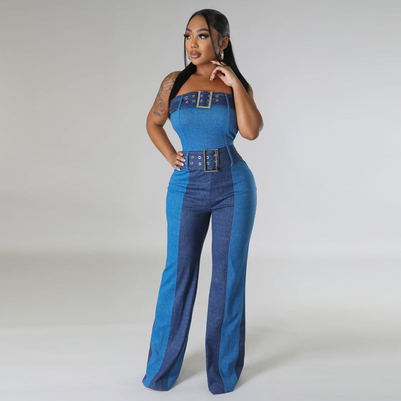 FZ Women's Patchwork Lace Up Waist Controlled Imitation Denim Jumpsuit - FZwear