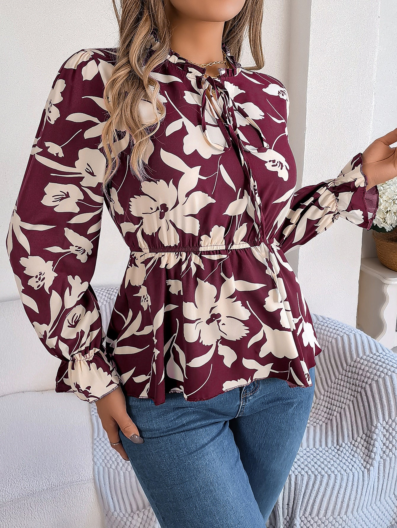FZ Women's Casual Floral Lace up Long Sleeve Chiffon Work Shirt Top