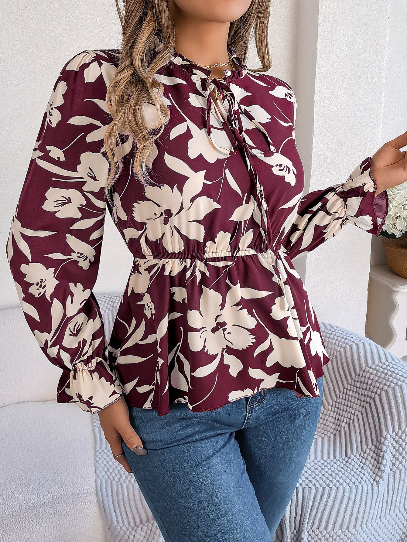 FZ Women's Casual Floral Lace up Long Sleeve Chiffon Work Shirt Top - FZwear