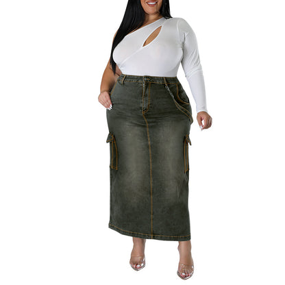 FZ Women's Plus Size Denim Decoration Sleeveless Split Skirt