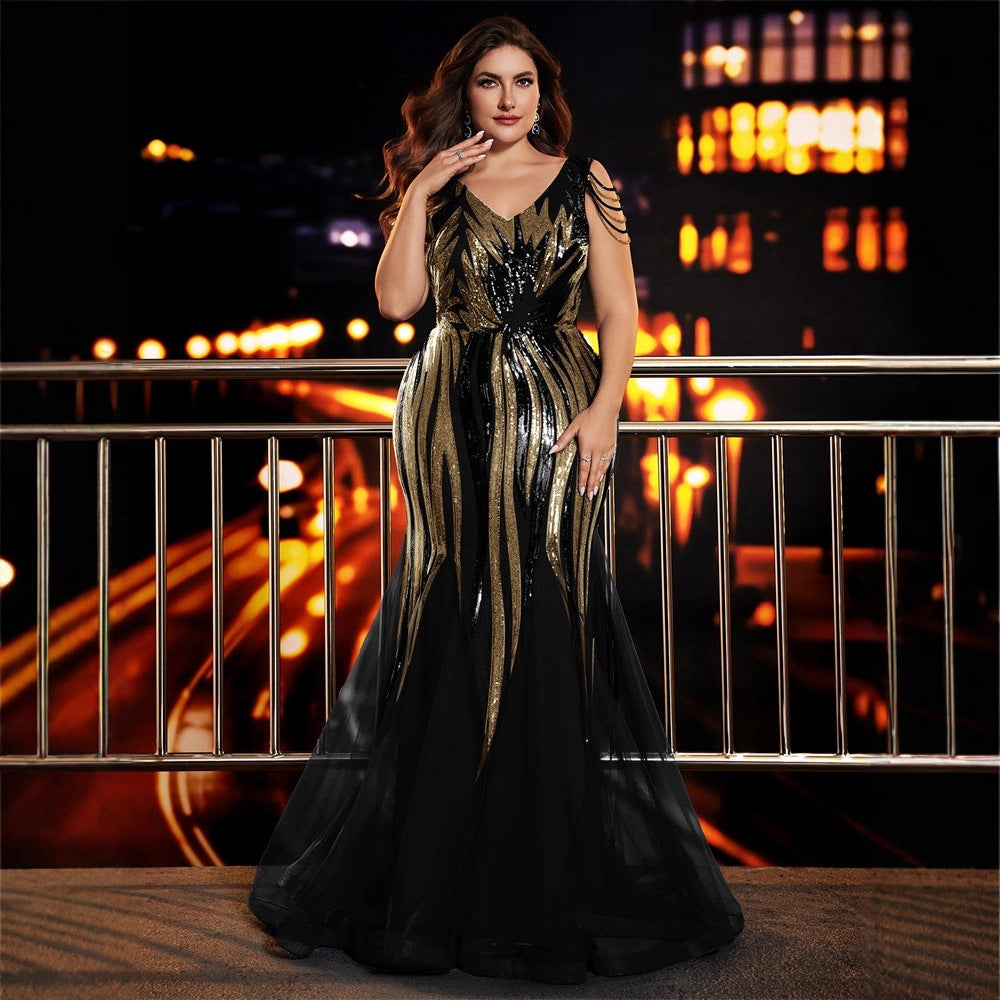 FZ Women's Plus Size Beaded V neck Fishtail Cocktail Evening Dress