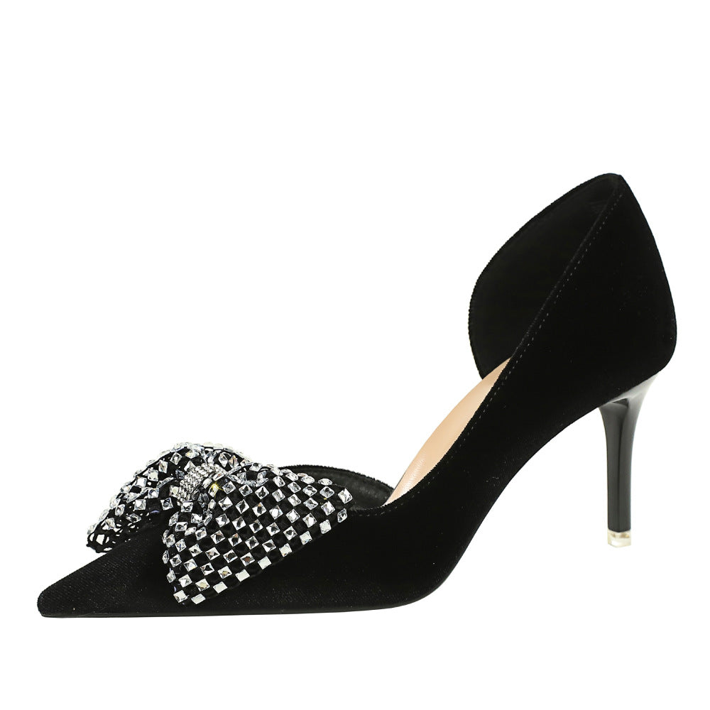 FZ Women's Rhinestone Bow Pointed Slip on Side Hollow Out Pumps