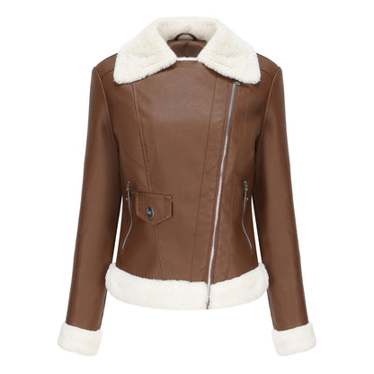 FZ Women's Fleece Leather Turn down Collar Jacket - FZwear