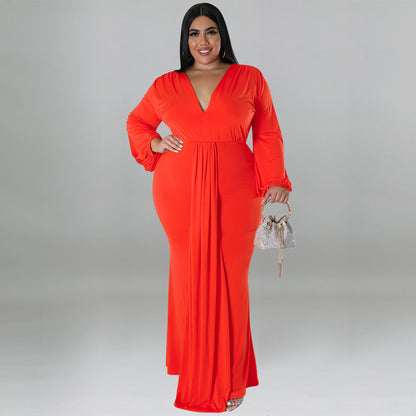 FZ Plus Size Women's Sexy Deep V Long Sleeve Pleated Dress - FZwear