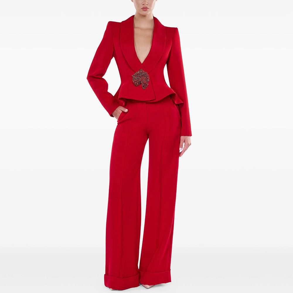 FZ Women's Lotus Leaf Swing Short Work Two Piece Pants Suit