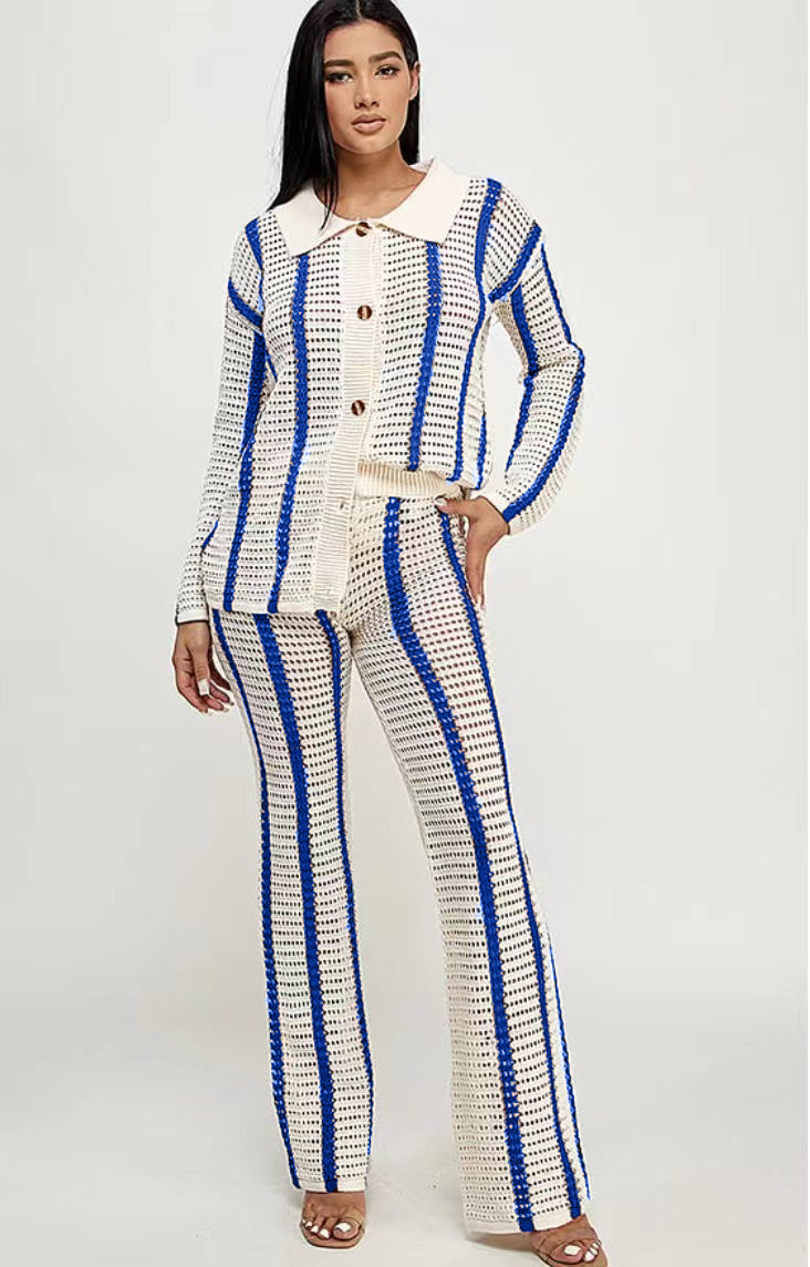 FZ Women's Striped Cutout Knitted Straight Leg Pants Suit - FZwear