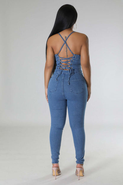 FZ Women's Slim Fitting Backless Denim Jumpsuit