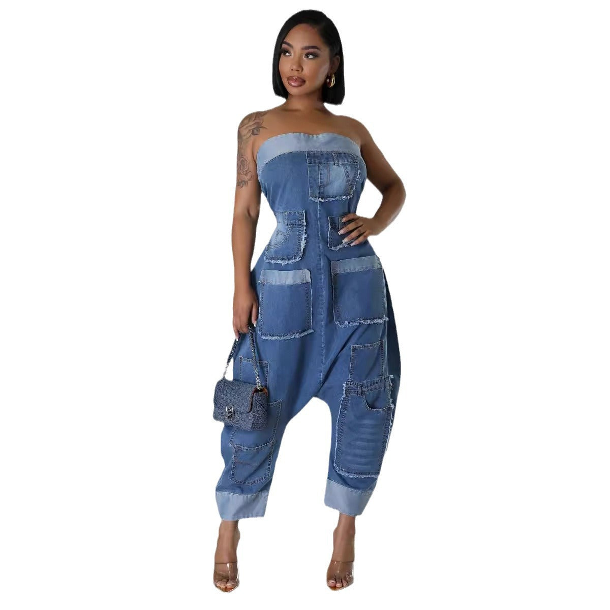 FZ Women's  Multi Pocket Stitching Washed Loose Sleeveless Denim Jumpsuit - FZwear