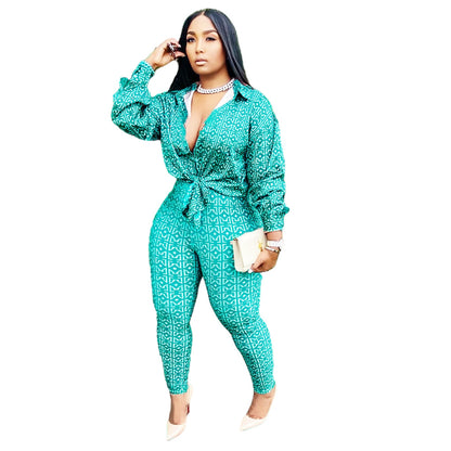 FZ Women' Plus Size Special Printing Long Pants Suit