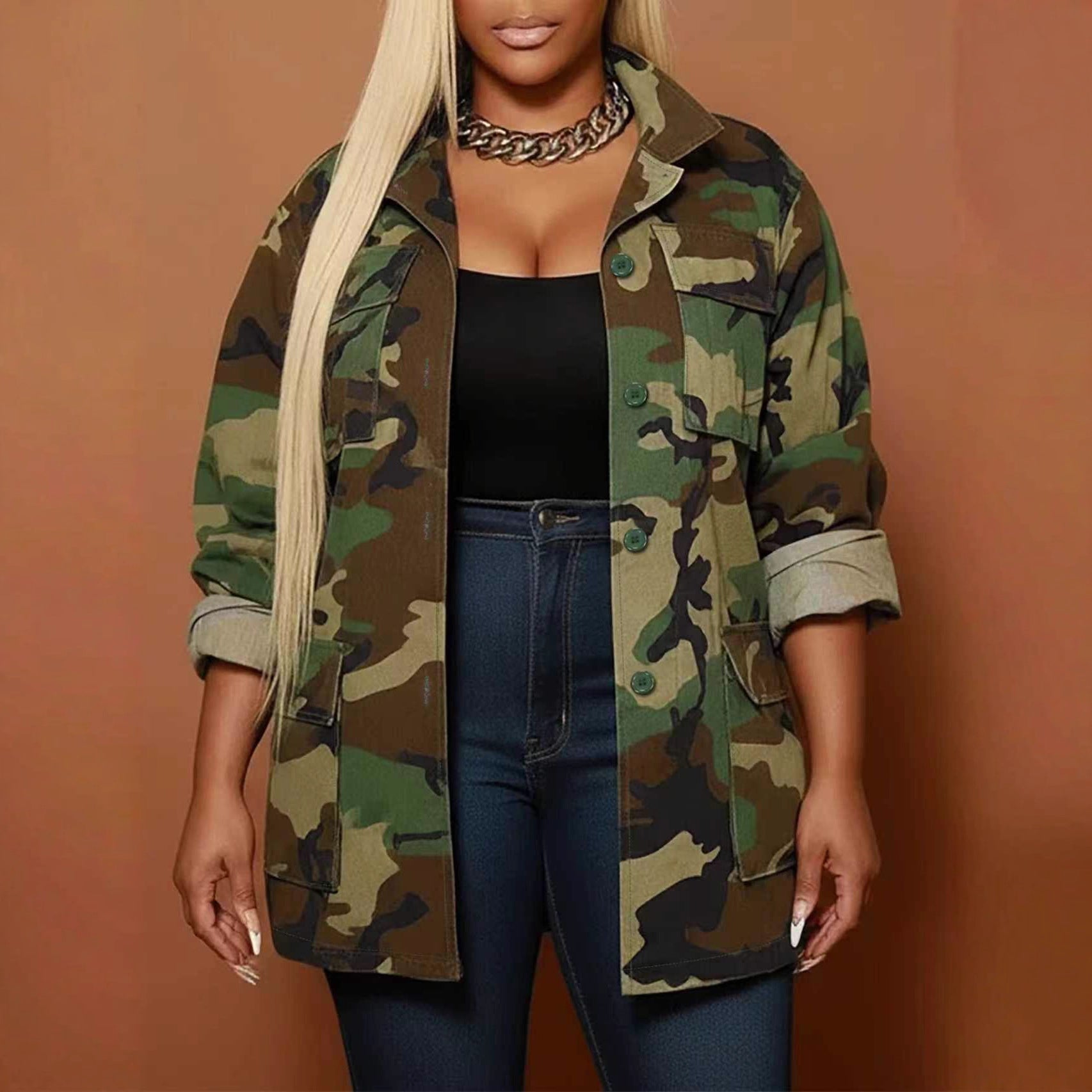 FZ Women's Plus Size Street Long Sleeve Single Breasted Camo Jacket