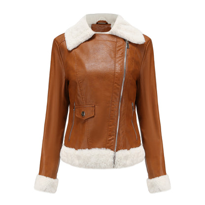 FZ Women's Fleece Leather Turn down Collar Jacket - FZwear