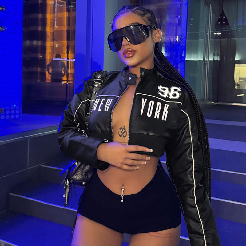 FZ Women's Locomotive Bud Stripe Numbers Short Faux Leather Jacket