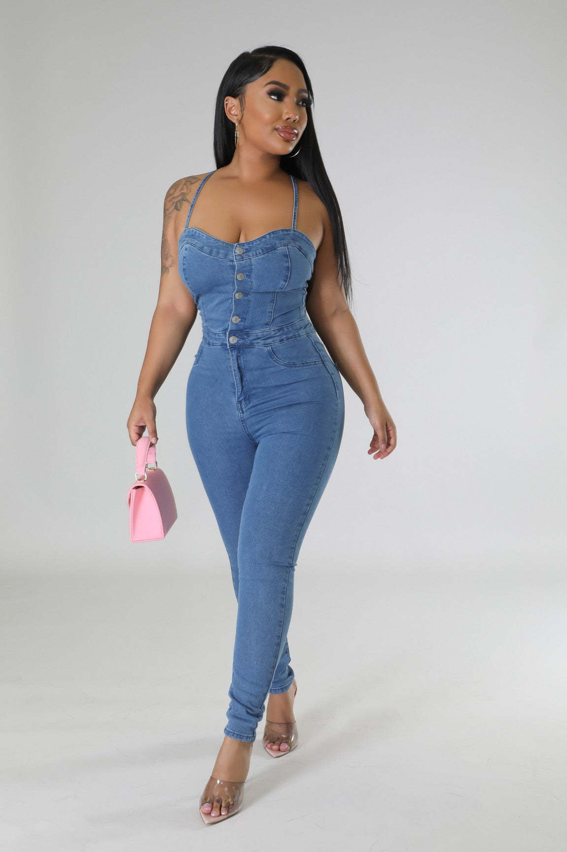 FZ Women's Slim Fitting Backless Denim Jumpsuit