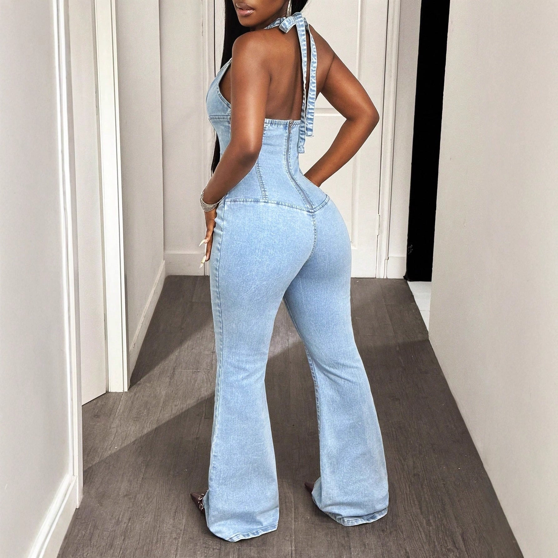 FZ Women's Halter Tight Waist Slim Elastic Denim Jumpsuit
