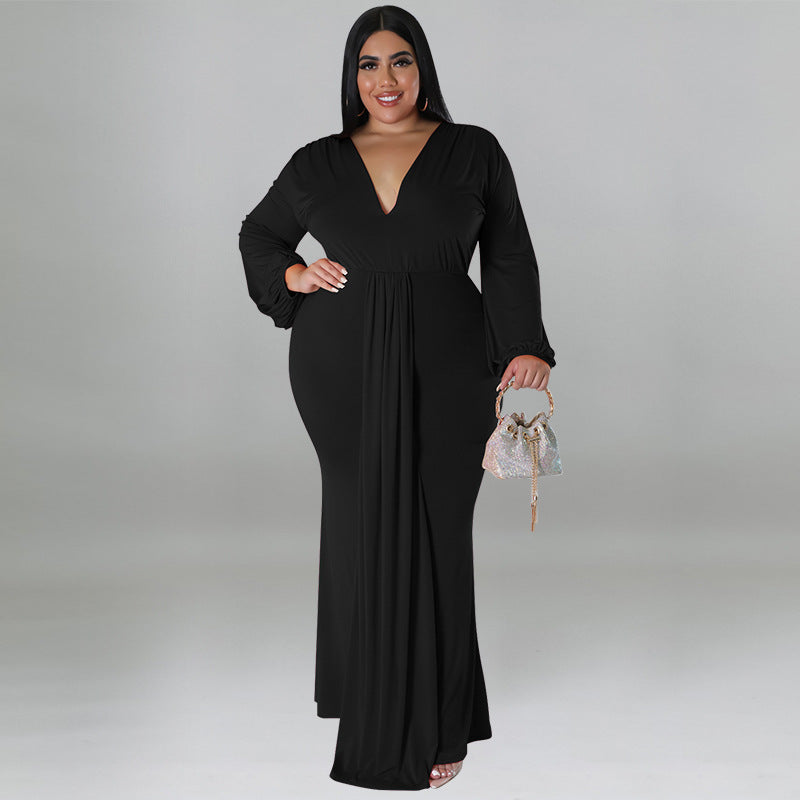 FZ Plus Size Women's Sexy Deep V Long Sleeve Pleated Dress - FZwear