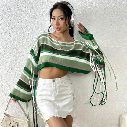 FZ Women's Rainbow Striped Fringed Cropped Loose Sweater Top - FZwear