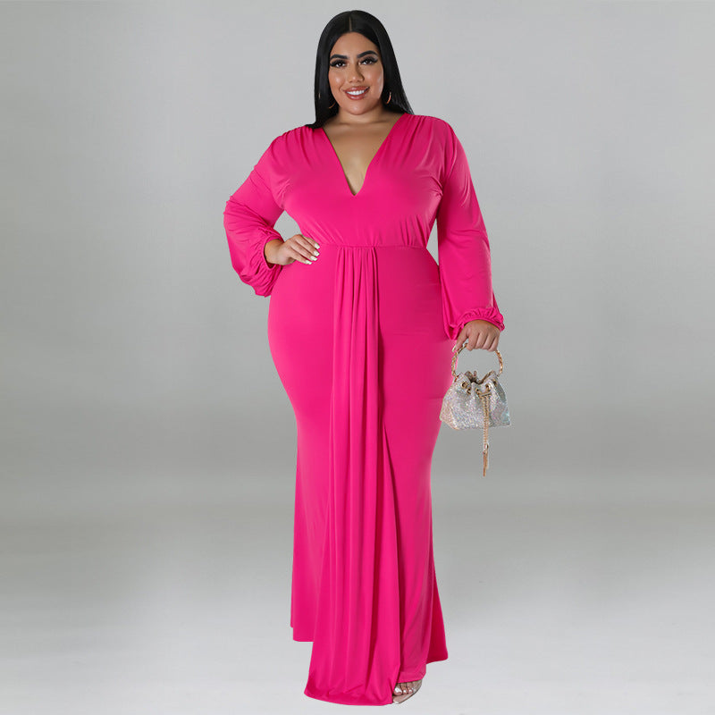 FZ Plus Size Women's Sexy Deep V Long Sleeve Pleated Dress