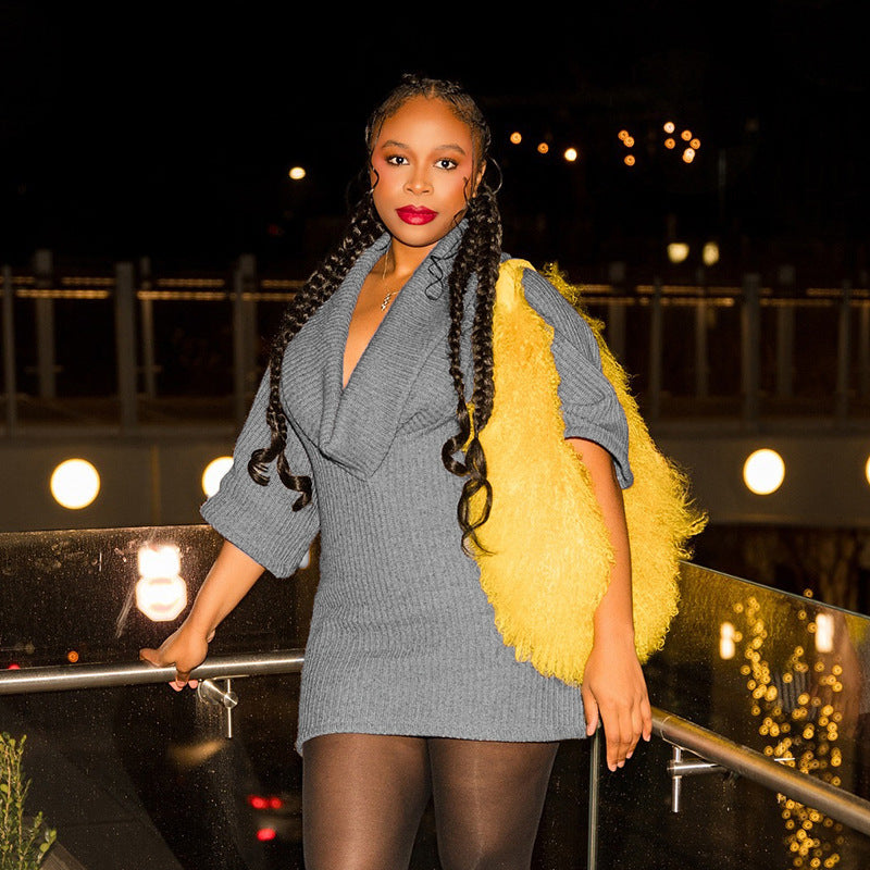 FZ Women's Casual Loose Swing Collar Woolen Mid Sleeved Sweater Dress