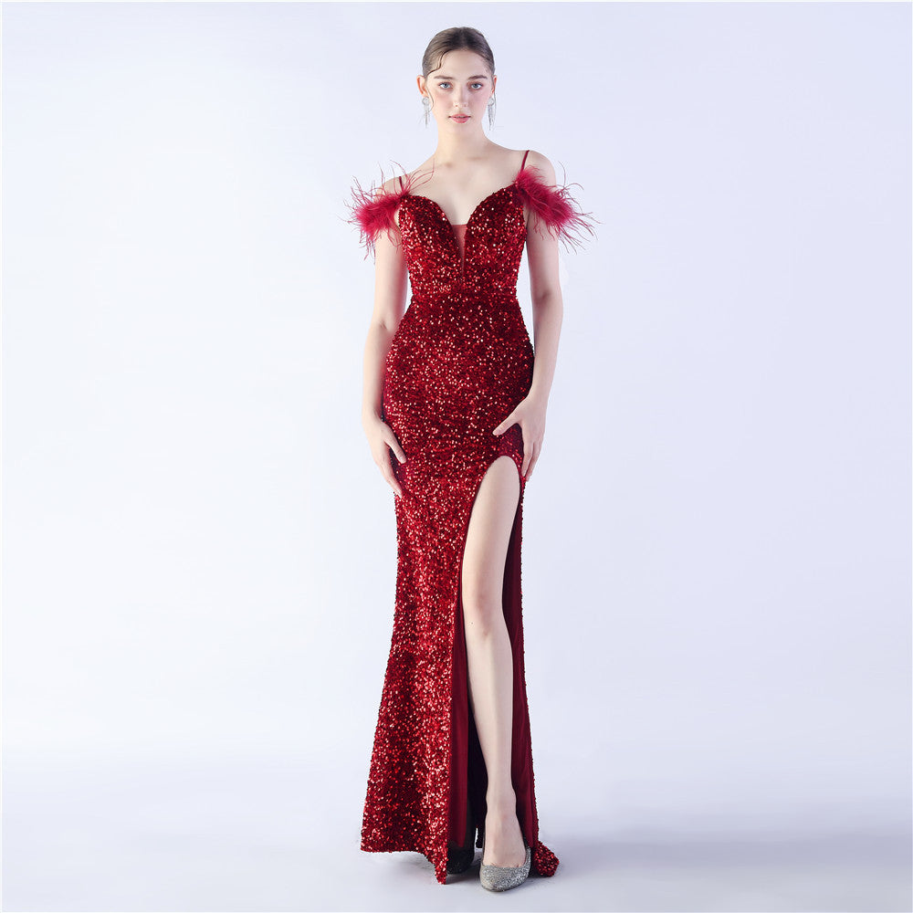 FZ Women's Ostrich Feather High Density Sequined Evening Dress - FZwear