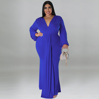 FZ Plus Size Women's Sexy Deep V Long Sleeve Pleated Dress