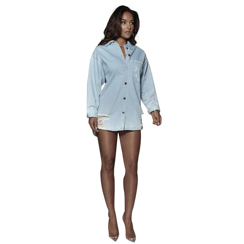 FZ Women's Single Breasted Cotton Worn Loose-Fitting Denim Jacket/Dress