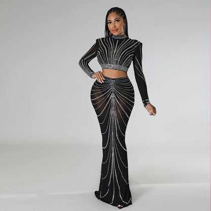 FZ Women's See through Rhinestone Sexy Two Piece Skirt Suit