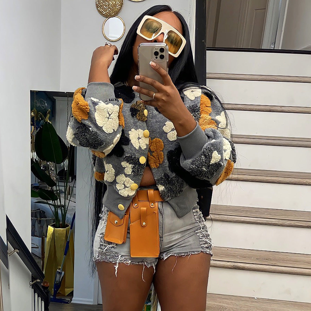 FZ Women's Retro Three Dimensional Floral Loose Single Breasted Jacket