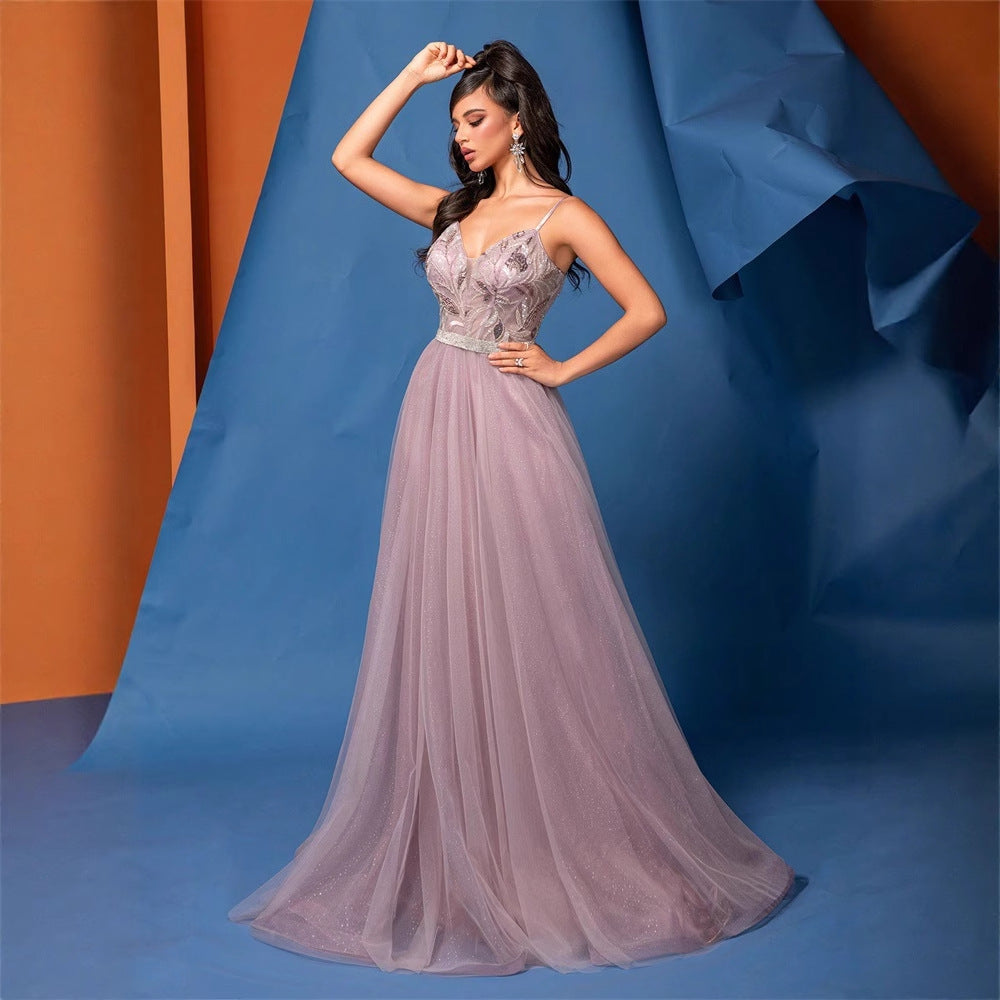 FZ Women's V neck Brace Sequin A Hem Backless Beaded Mesh Evening Dress