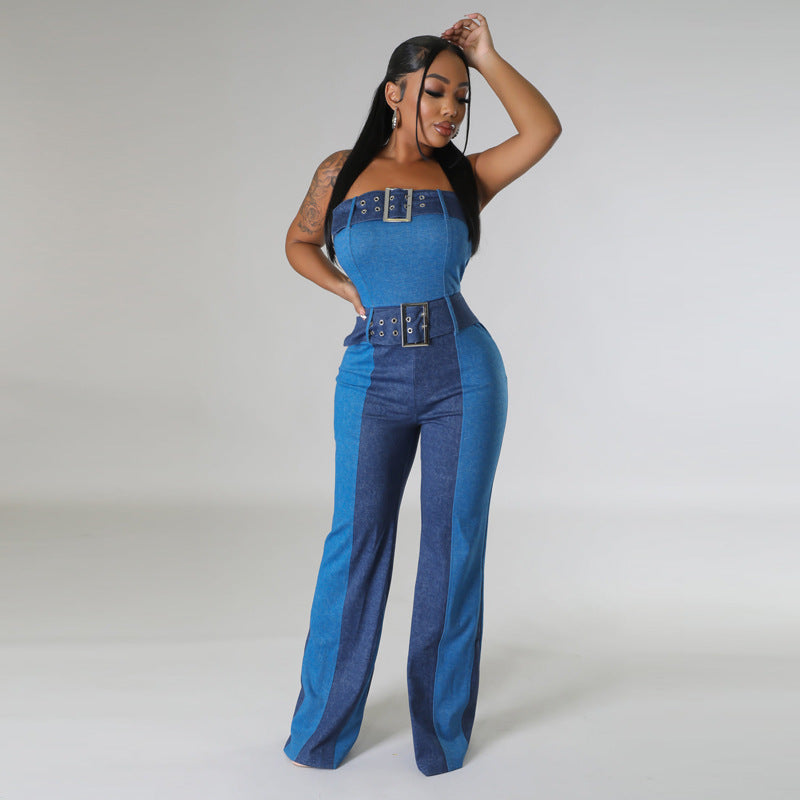 FZ Women's Patchwork Lace Up Waist Controlled Imitation Denim Jumpsuit - FZwear