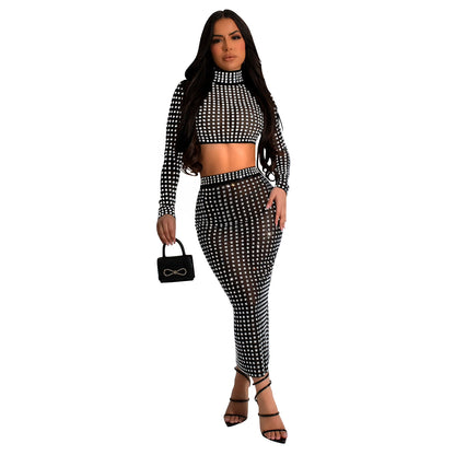 FZ Women's Wear Solid Color Rhinestone Mesh Skirt Two Piece Suit - FZwear