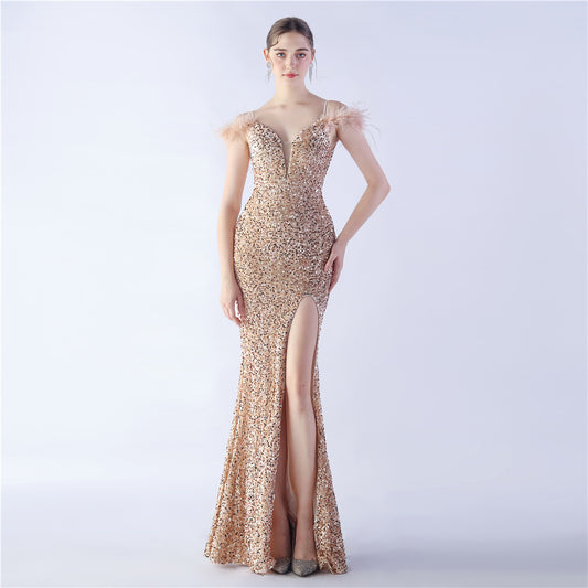 FZ Women's Ostrich Feather High Density Sequined Evening Dress - FZwear