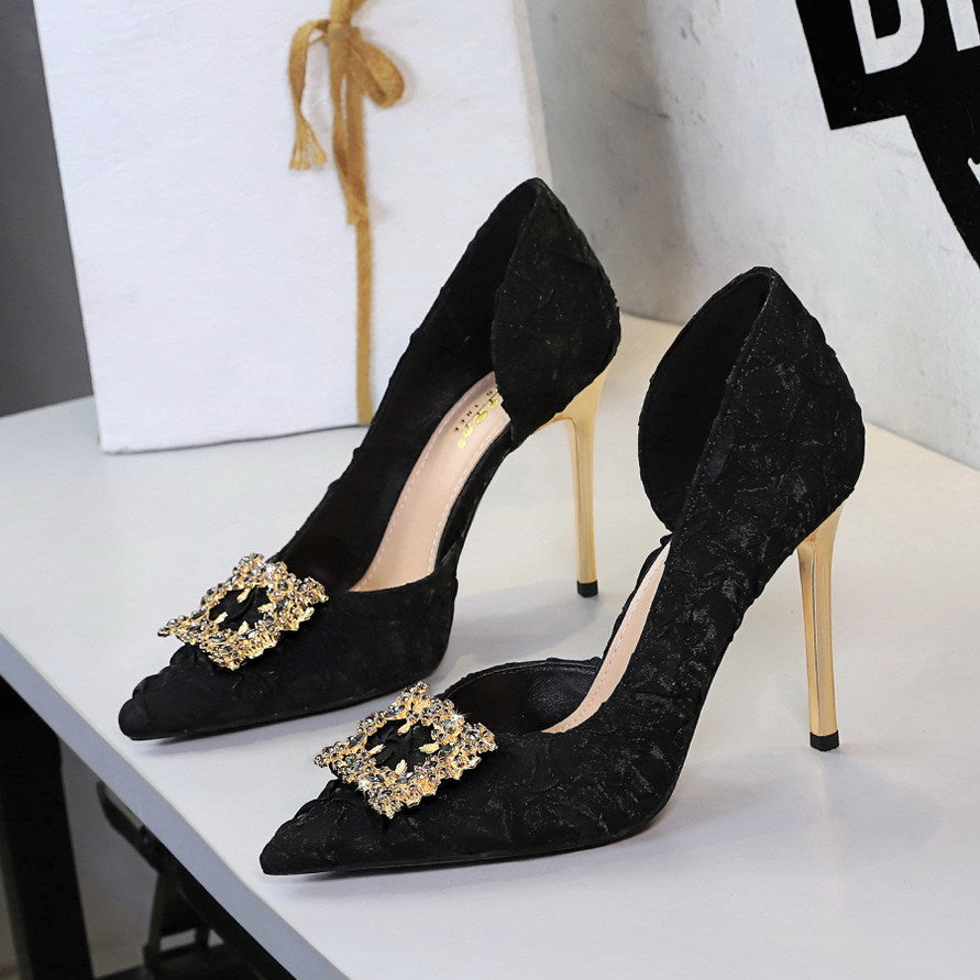 FZ Women's French Rhinestone Square Buckle Side Hollow Out Stiletto Shoes