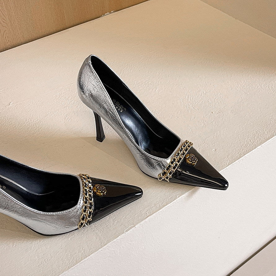 FZ Women's Metal Chain Stiletto Heals Pointed Toe Shoes