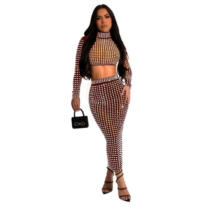 FZ Women's Wear Solid Color Rhinestone Mesh Skirt Two Piece Suit - FZwear