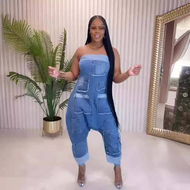 FZ Women's  Multi Pocket Stitching Washed Loose Sleeveless Denim Jumpsuit - FZwear