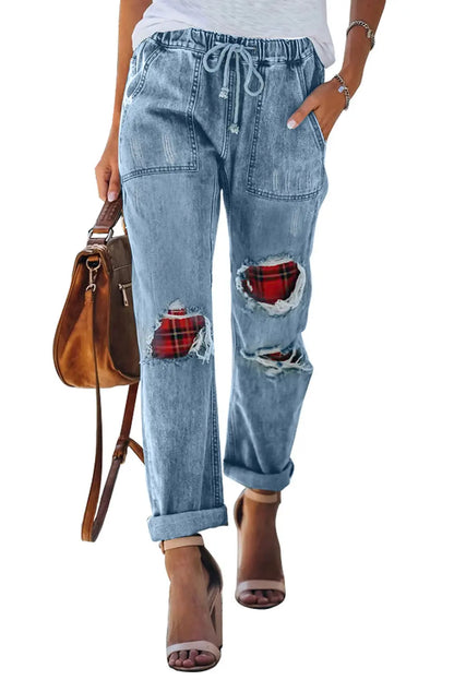 FZ Women's Plaid Patches Cotton Pocketed Denim Pants