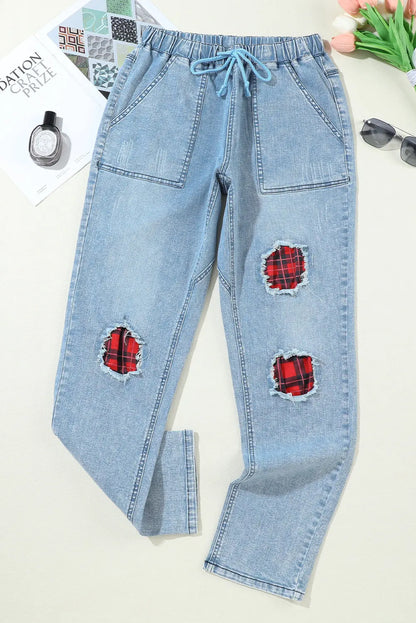 FZ Women's Plaid Patches Cotton Pocketed Denim Pants