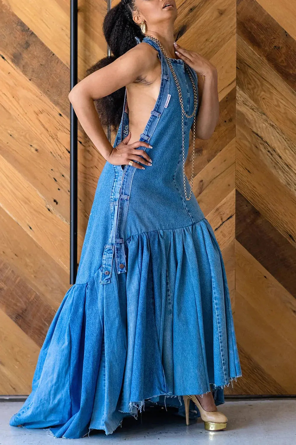 Plus Size Blue Daily Denim Ruffles Halter Mermaid Maxi Dress Sexy Women Long Dress FZwear