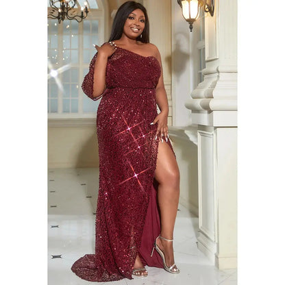 Plus Size Burgundy Formal One Shoulder Backless High Split Irregular Sequin Maxi Dress FZwear